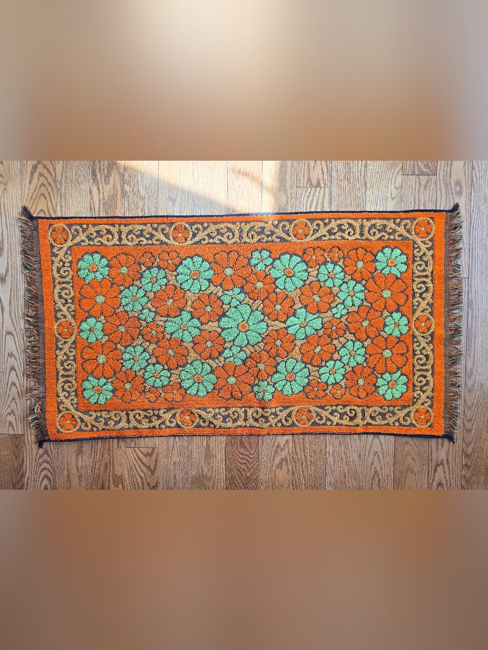 Retro Green and Orange Flower Power Terry Cotton Bath Mat 70s Vintage
